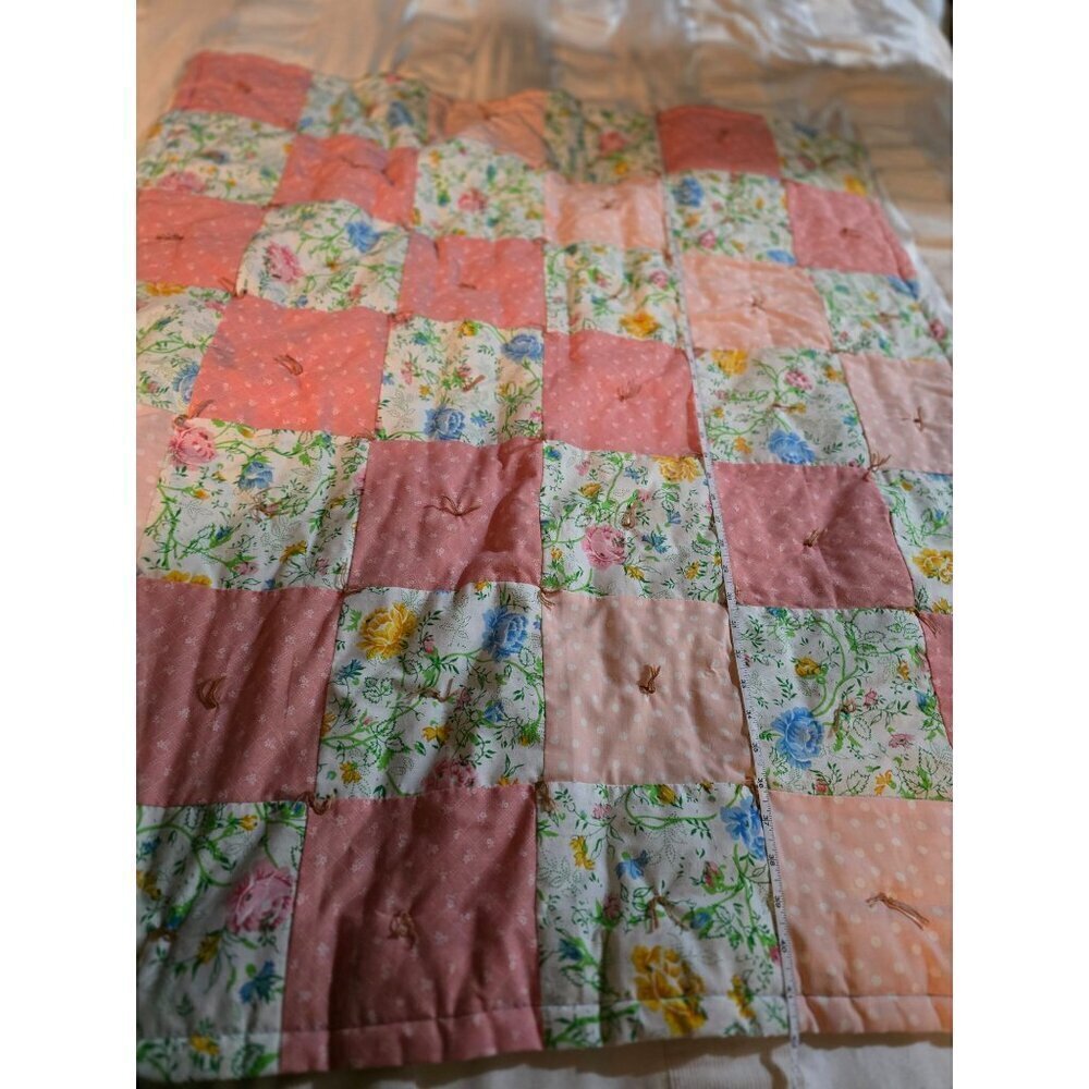 Vintage Shabby Chic Pink Cottagecore Patchwork Throw Blanket - Picture 7 of 11